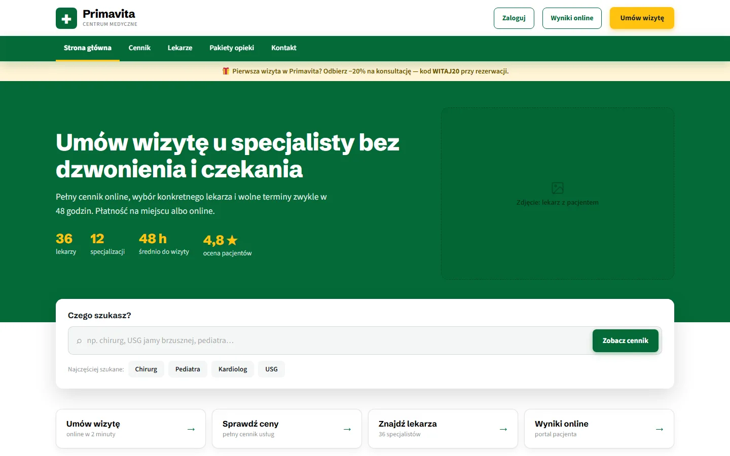 The Primavita medical-clinic website, home page
